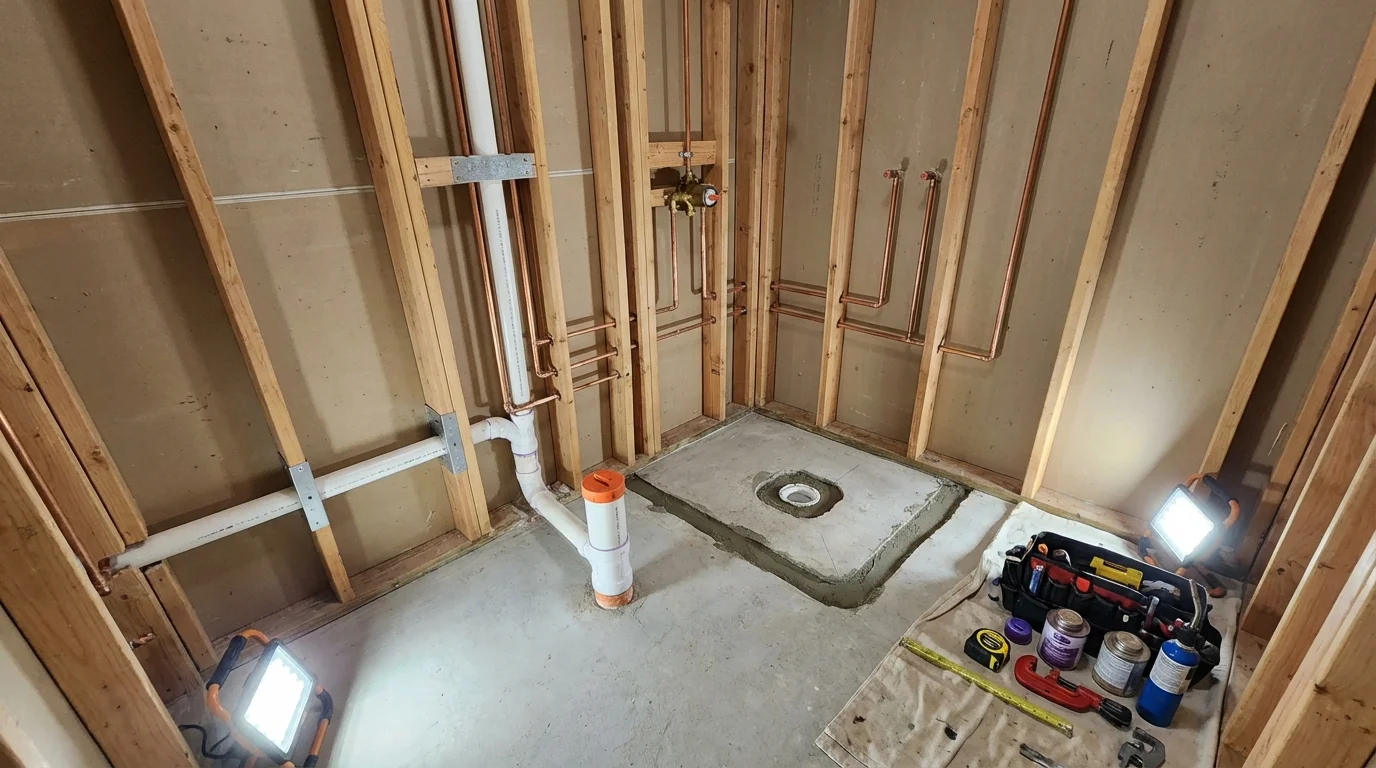Bathroom rough-in plumbing during remodel by Johns Plumbing LLC in Marfa