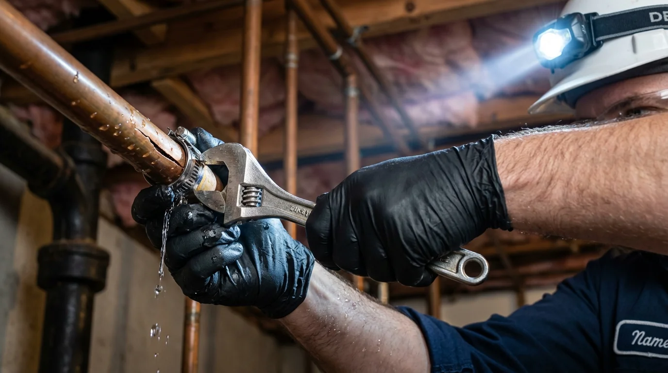 Emergency pipe clamp repair being performed by a Johns Plumbing LLC plumber in Marfa