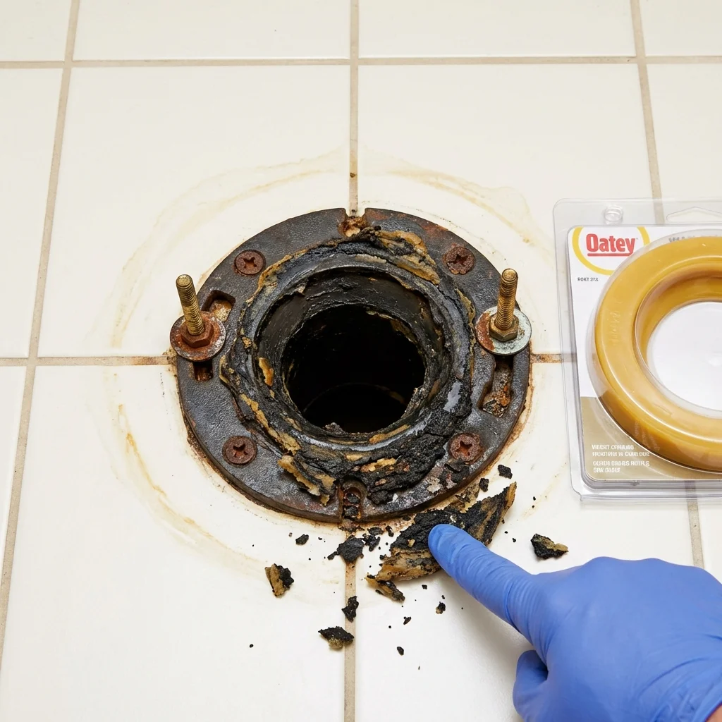 Failed wax ring showing water seepage at the base of a toilet in a Marfa, TX home