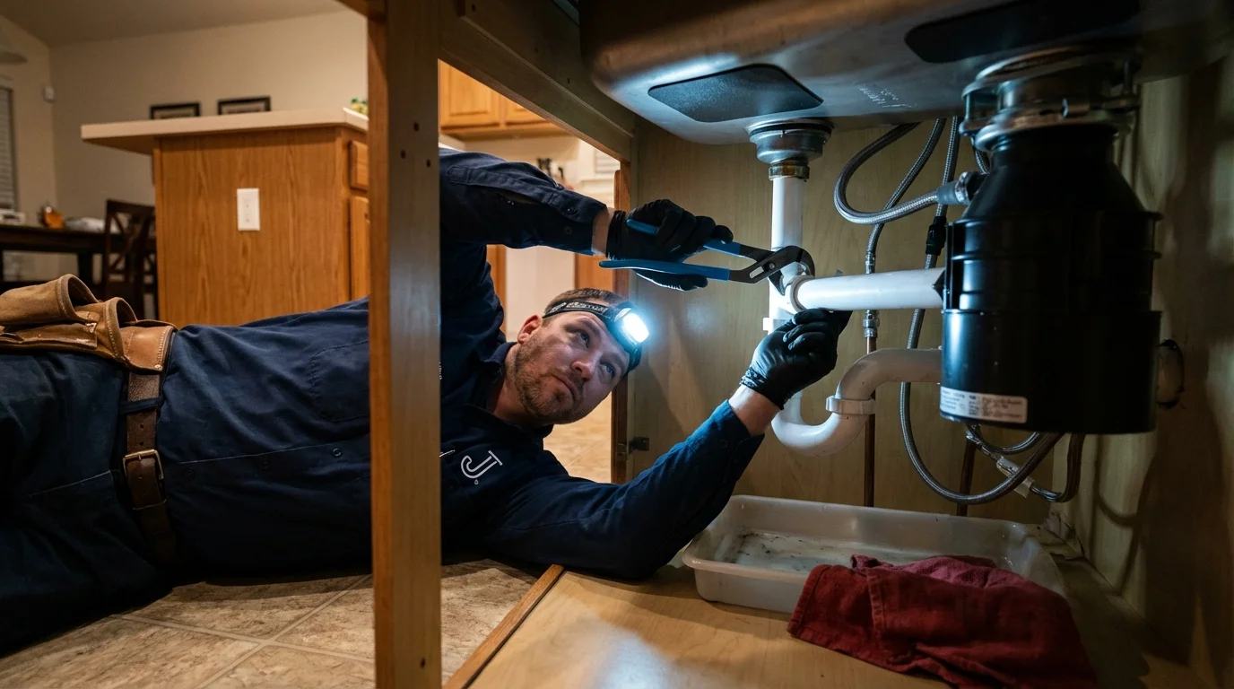 P-trap and supply line connections under a kitchen sink showing a common leak point in Marfa, TX